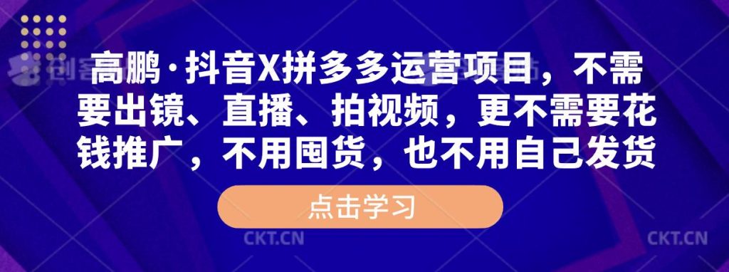 高鹏·抖音X拼多多运营项目，不需要出镜、直播、拍视频，不需要花钱推广，不用囤货，不用自己发货-小鸿资源库