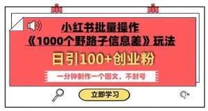 小红书批量操作《1000个野路子信息差》玩法,一分钟制作一个图文,不封号,日引100+创业粉-小鸿资源库