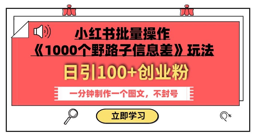 小红书批量操作《1000个野路子信息差》玩法,一分钟制作一个图文,不封号,日引100+创业粉-小鸿资源库