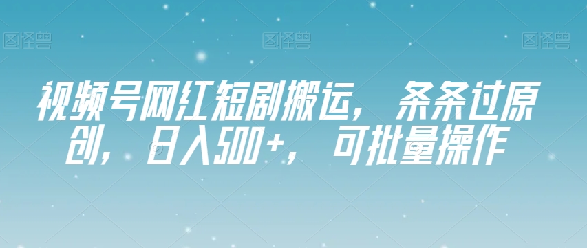 视频号网红短剧搬运，条条过原创，日入500+，可批量操作【揭秘】-小鸿资源库