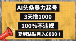 AI头条暴力起号，3天撸1000,100%不违规，复制粘贴月入6000＋【揭秘】-小鸿资源库