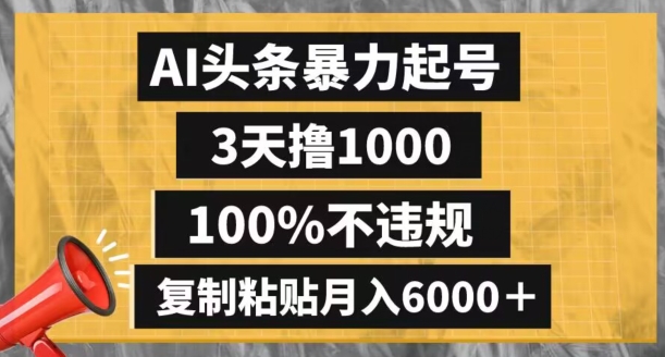 AI头条暴力起号，3天撸1000,100%不违规，复制粘贴月入6000＋【揭秘】-小鸿资源库