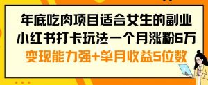 年底吃肉项目适合女生的副业小红书打卡玩法一个月涨粉6万+变现能力强+单月收益5位数【揭秘】-小鸿资源库