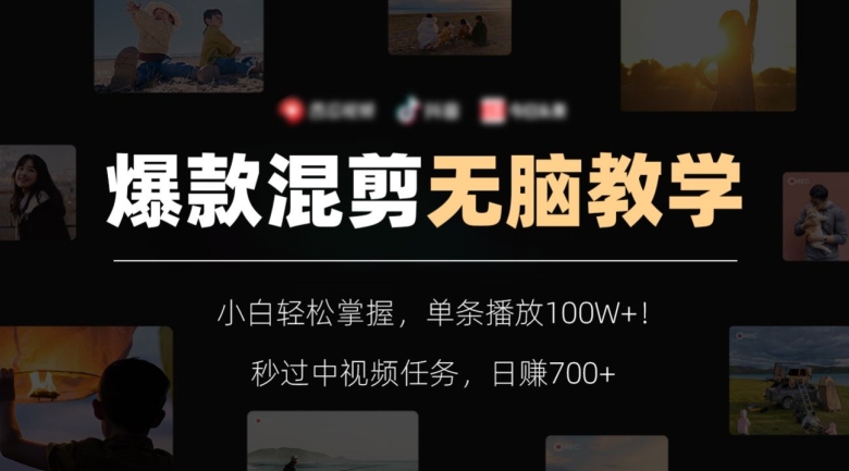爆款混剪无脑教学，小白轻松掌握，单条播放100W+！秒过中视频任务，日赚700+【揭秘】-小鸿资源库