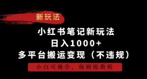 小红书笔记新玩法，日入1000+，多平台搬运变现（不违规），小白可操作，保姆级教程【揭秘】-小鸿资源库