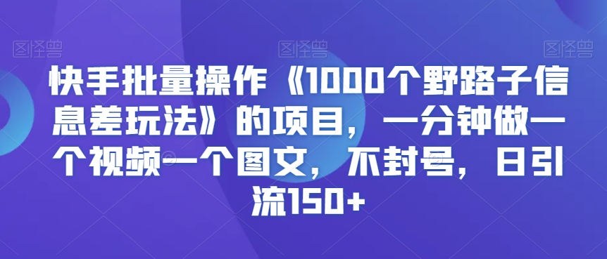 快手批量操作《1000个野路子信息差玩法》的项目，一分钟做一个视频一个图文，不封号，日引流150+【揭秘】-小鸿资源库