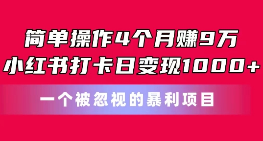 简单操作4个月赚9w,小红书打卡日变现1k,一个被忽视的暴力项目【揭秘】-小鸿资源库