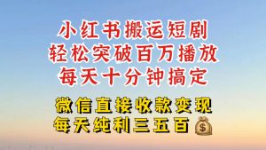 小红书搬运热门短剧，轻松爆流百万播放，每天引流几十人，搞个大几百块真的很简单-小鸿资源库