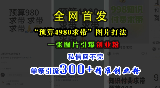 小红书“预算4980带我飞”图片打法，一张图片引爆创业粉，私信回不完，单条引流300+精准创业粉-小鸿资源库