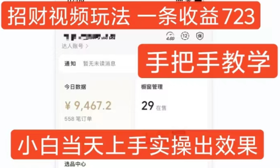 招财视频玩法,一条视频收益723,手把手教学,小白当天可上手-小鸿资源库