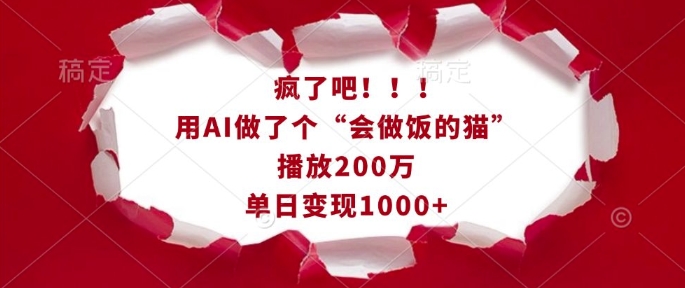 疯了吧！用AI做了个“会做饭的猫”，播放200万，单日变现1k-小鸿资源库