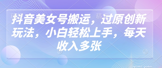 抖音美女号搬运，过原创新玩法，小白轻松上手，每天收入多张-小鸿资源库