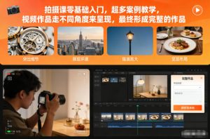 拍摄课零基础入门，超多案例教学，视频作品走不同角度来呈现，最终形成完整的作品-小鸿资源库