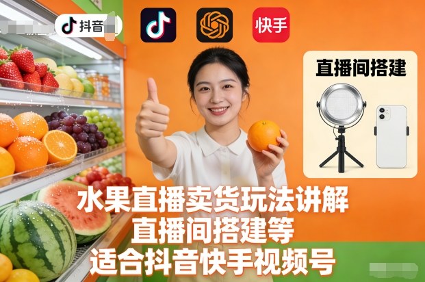 水果直播卖货玩法讲解、直播间搭建等，适合抖音快手视频号-小鸿资源库