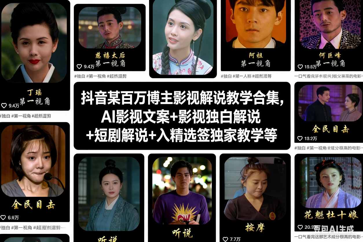 抖音某百万博主影视解说教学合集，AI影视文案+影视独白解说+短剧解说+入精选签独家教学等-小鸿资源库