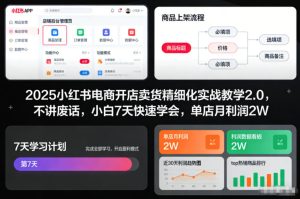 2025小红书电商开店卖货精细化实战教学2.0，不讲废话，小白7天快速学会，单店月利润2W-小鸿资源库