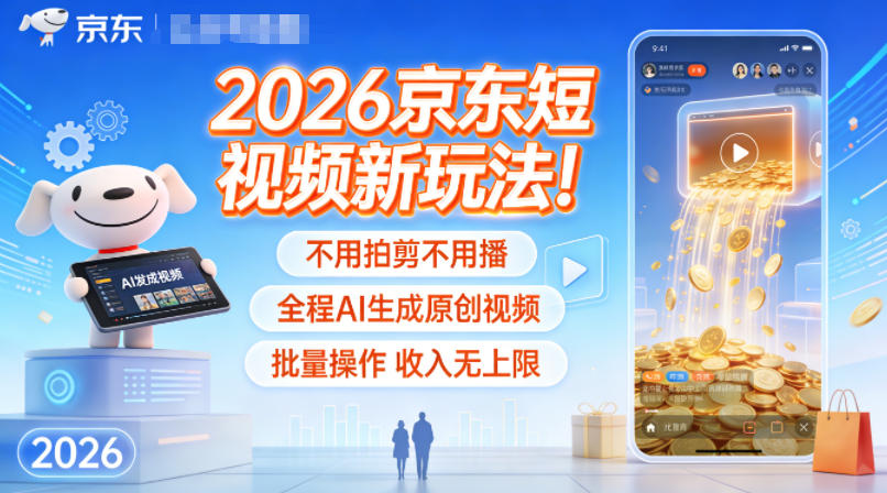 2026京东短视频新玩法！不用拍剪不用播，全程AI生成原创视频，批量操作收入无上限-小鸿资源库