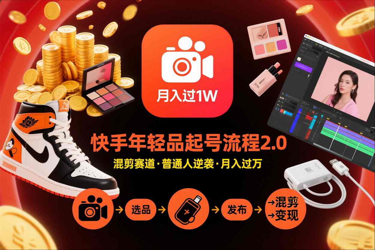 快手短视频带货年轻品起号流程2.0，快手年轻品混剪赛道，普通人也能月入过1W-小鸿资源库