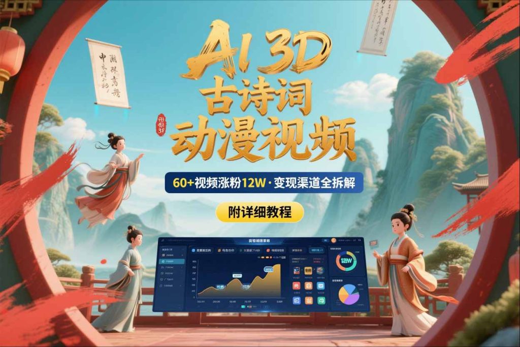 AI制作3D古诗词动漫视频，60多个视频涨粉12W，多个变现渠道拆解【附详细教程】-小鸿资源库