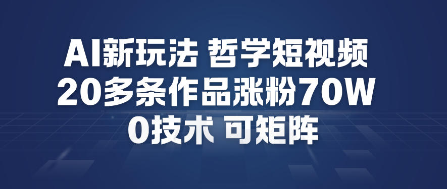 AI新玩法哲学短视频制作教学，20多条作品涨粉70W，0成本赛道，可矩阵-小鸿资源库