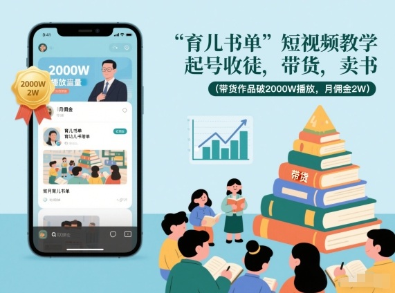 育儿书单短视频教学，起号收徒，带货，卖书（带货作品破2000W播放，月佣金2W）-小鸿资源库