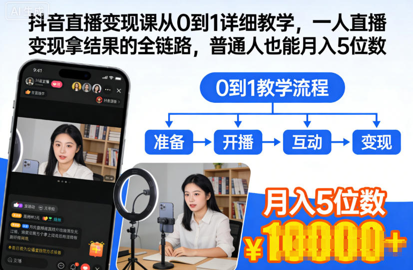 抖音直播变现课从0到1详细教学，一人直播变现拿结果的全链路，普通人也能月入5位数-小鸿资源库