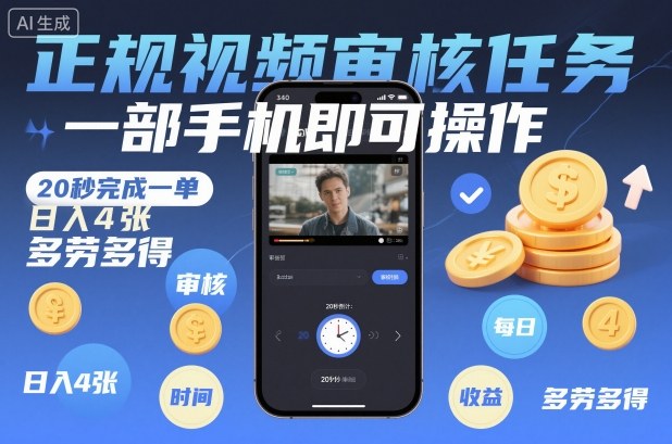 正规视频审核任务，一部手机即可操作，20秒完成一单，日入4张，多劳多得【揭秘】-小鸿资源库