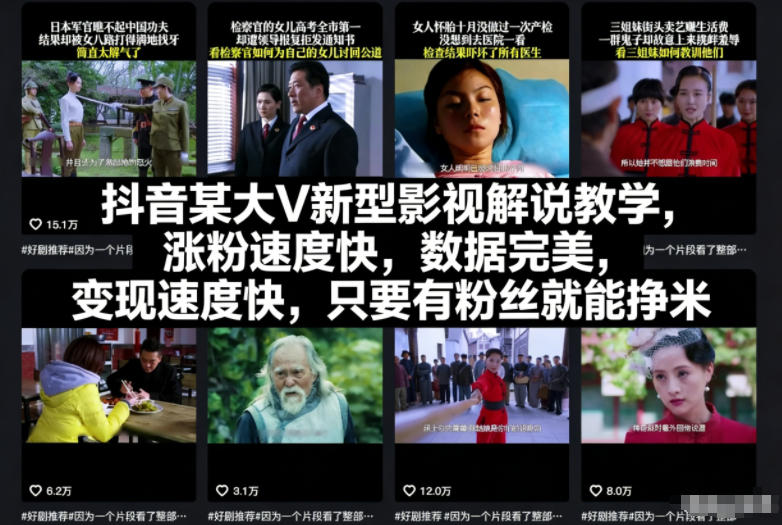 抖音某大V新型影视解说教学，涨粉速度快，数据完美，变现速度快，只要有粉丝就能挣米-小鸿资源库
