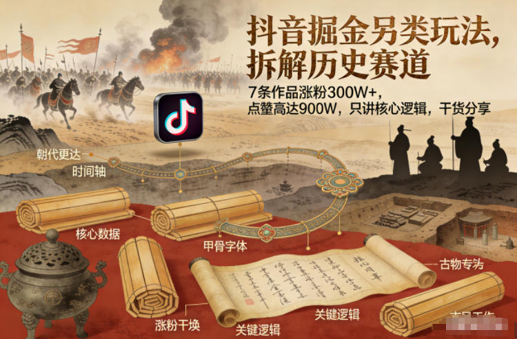 抖音掘金另类玩法，拆解历史赛道，7条作品涨粉300W+，点赞量高达900W，只讲核心逻辑，干货分享-小鸿资源库