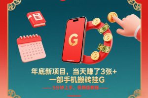 年底新项目，当天賺了3张+，一部手机搬砖挂G，5分钟上手，保姆级教程【揭秘】-小鸿资源库