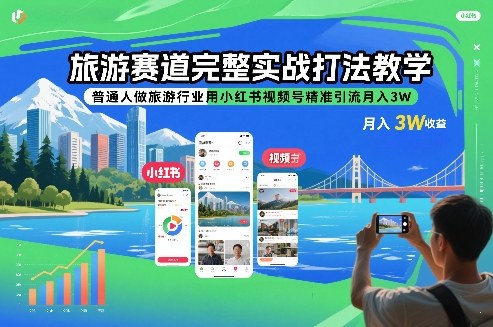 旅游赛道完整实战打法教学，普通人做旅游行业用小红书视频号精准引流月入3W-小鸿资源库