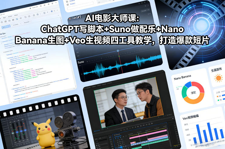 AI电影大师课：ChatGPT写脚本+Suno做配乐+Nano Banana生图+Veo生视频，打造爆款短片-小鸿资源库