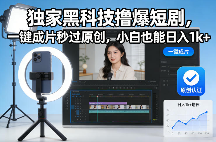 独家黑科技撸爆短剧，一键成片秒过原创，小白也能日入1k+【揭秘】-小鸿资源库