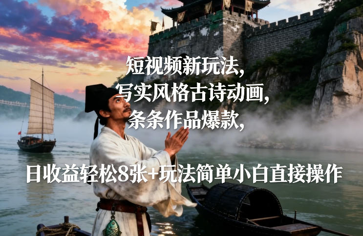 短视频新玩法，写实风格古诗动画，条条作品爆款，日收益轻松8张+玩法简单小白直接操作-小鸿资源库