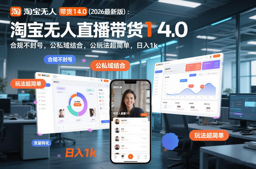 淘宝无人直播带货14.0（2026最新版）：合规不封号，公私域结合，玩法超简单，日入1k+【揭秘】-小鸿资源库