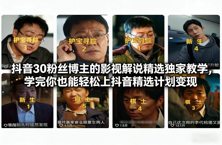 抖音30万粉丝博主的影视解说精选独家教学，学完你也能轻松上抖音精选计划变现-小鸿资源库
