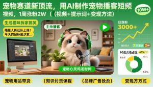 宠物赛道新顶流，用AI制作宠物播客短视频，1周涨粉2W（视频+提示词+变现方法）-小鸿资源库