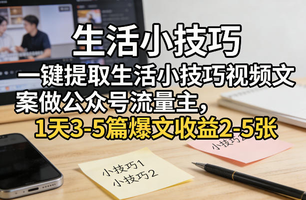一键提取生活小技巧视频文案做公众号流量主，1天3-5篇爆文收益2-5张-小鸿资源库