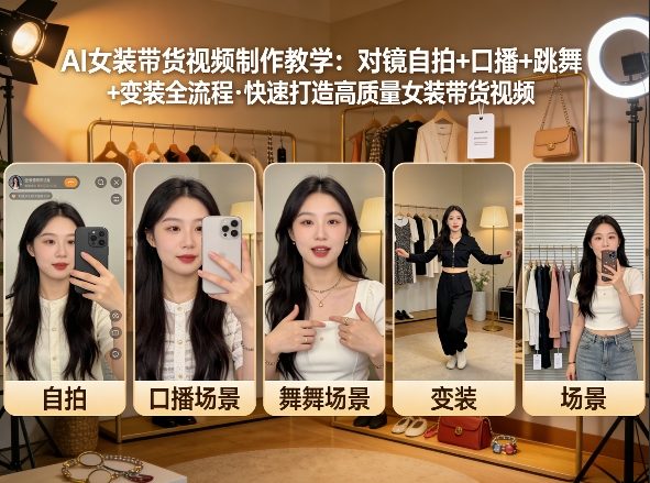 AI女装带货视频制作教学，对镜自拍、口播、跳舞、变装全流程，快速打造高质量女装带货视频-小鸿资源库