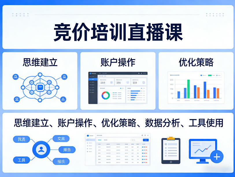 竞价培训直播课，覆盖思维建立、账户操作、优化策略、数据分析、工具使用等，全方位提升效果-小鸿资源库