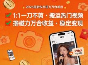 2026年最新快手磁力万合项目，1比1一刀不剪搬运热门视频，撸磁力万合收益-小鸿资源库