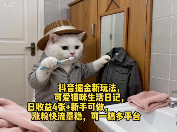 抖音掘金新玩法，可爱猫咪生活日记，日收益4张+新手可做，涨粉快流量稳，可一稿多平台-小鸿资源库