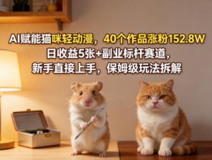 AI赋能猫咪轻动漫,40个作品涨粉152.8W,日收益5张+副业标杆赛道,新手直接上手,保姆级玩法拆解-小鸿资源库