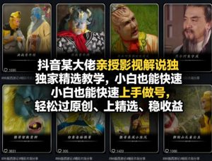 抖音某大佬亲授影视解说独家精选教学,小白也能快速上手做号,轻松过原创、上精选、稳收益-小鸿资源库