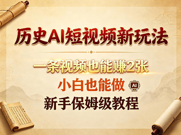 历史AI短视频新玩法，一条视频也能賺2张，小白也能做，新手保姆级教程-小鸿资源库