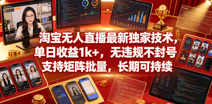 淘宝无人直播最新独家技术，单日收益1k+，无违规不封号，支持矩阵批量，长期可持续【揭秘】-小鸿资源库