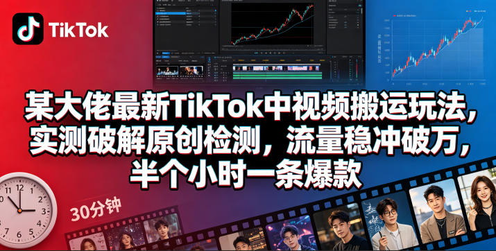 某大佬最新TikTok中视频搬运玩法，实测破解原创检测，流量稳冲破万，半个小时一条爆款-小鸿资源库
