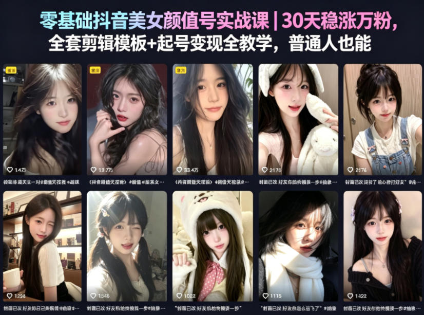 零基础抖音美女颜值号实战课｜30天稳涨万粉，全套剪辑模板+起号变现全教学，普通人也能复制-小鸿资源库