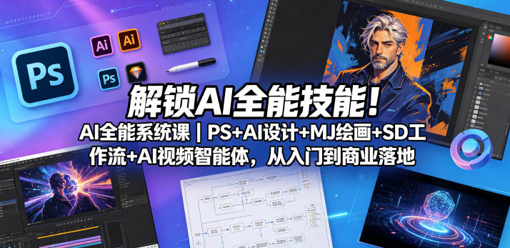 解锁AI全能技能！AI全能系统课｜PS+AI设计+MJ绘画+SD工作流+AI视频智能体，从入门到商业落地-小鸿资源库