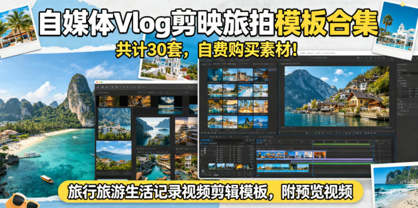 自媒体Vlog剪映旅拍模板合集，共计30套，自费购买素材！旅行旅游生活记录视频剪辑模板，附预览视频-小鸿资源库